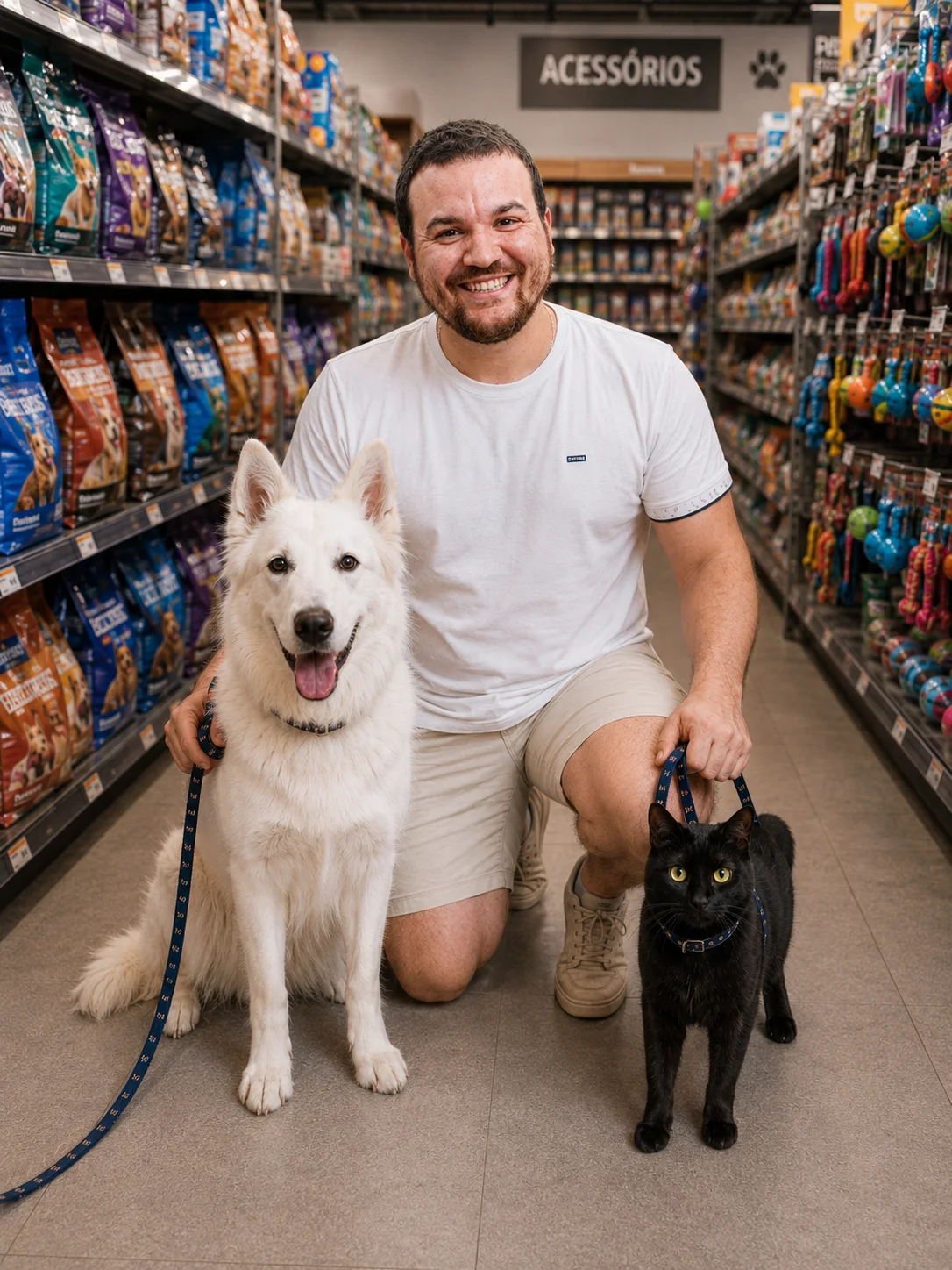 Victor Costa com um cão branco e um gato preto num carrinho