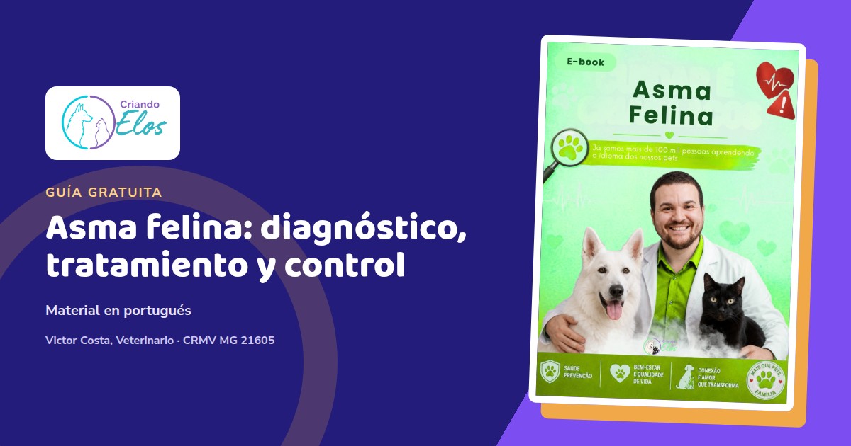 Composición editorial del e-book Asma Felina de Criando Elos, con portada en portugués y tema de salud respiratoria de los gatos