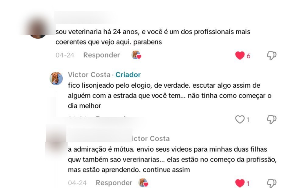 Print: veterinária há 24 anos elogia o projeto e o Victor responde